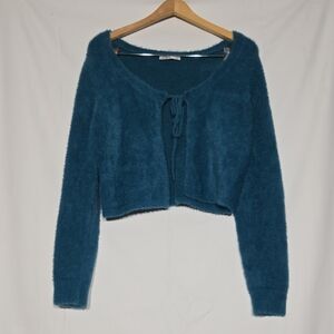 Hollister Cozy Tie Front Cropped Teal Sweater Modern Size L